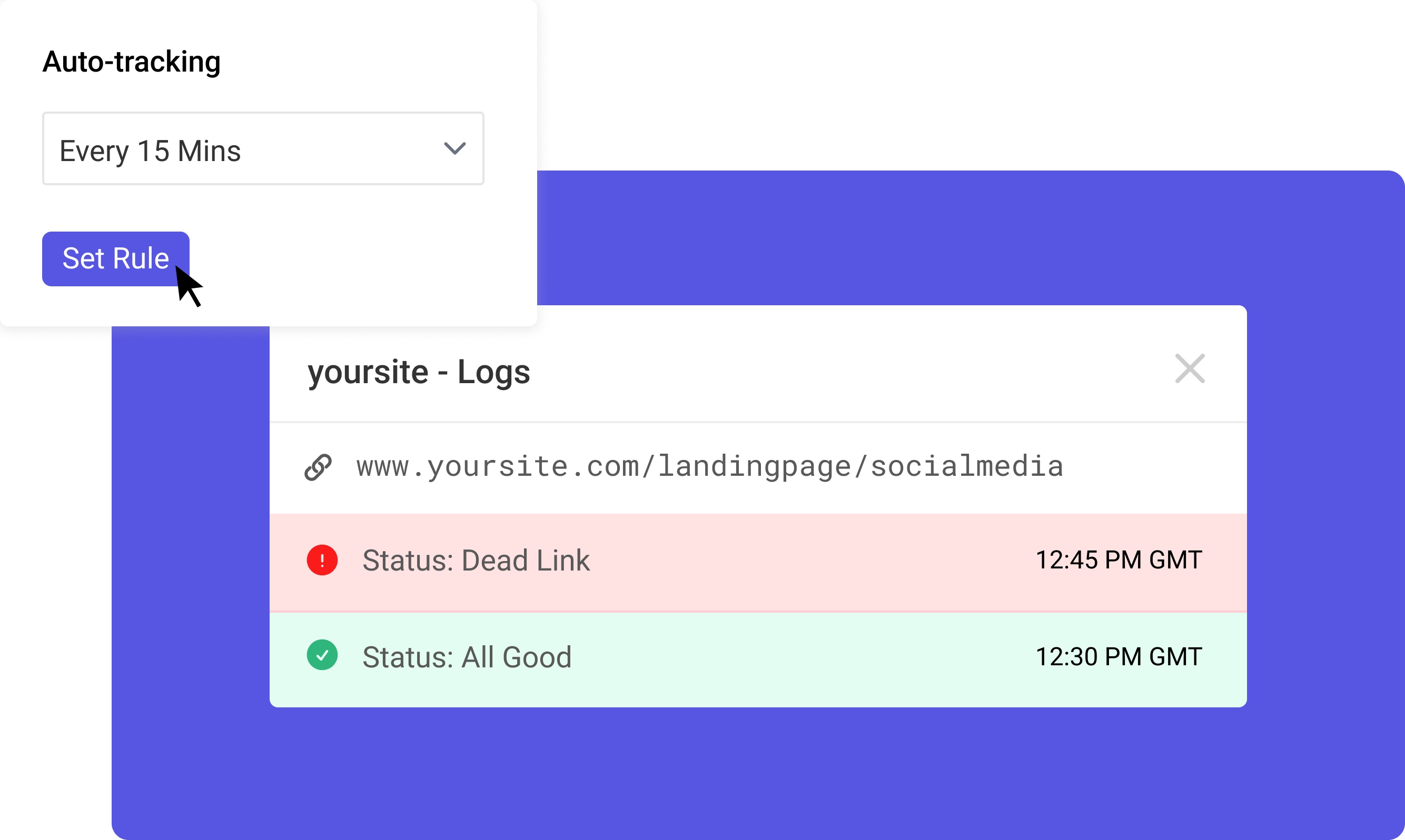 Kitchn Dashboard showing auto-tracking setup for link status checks. One URL is flagged as a dead link, another is marked as all good, with timestamps for each check
