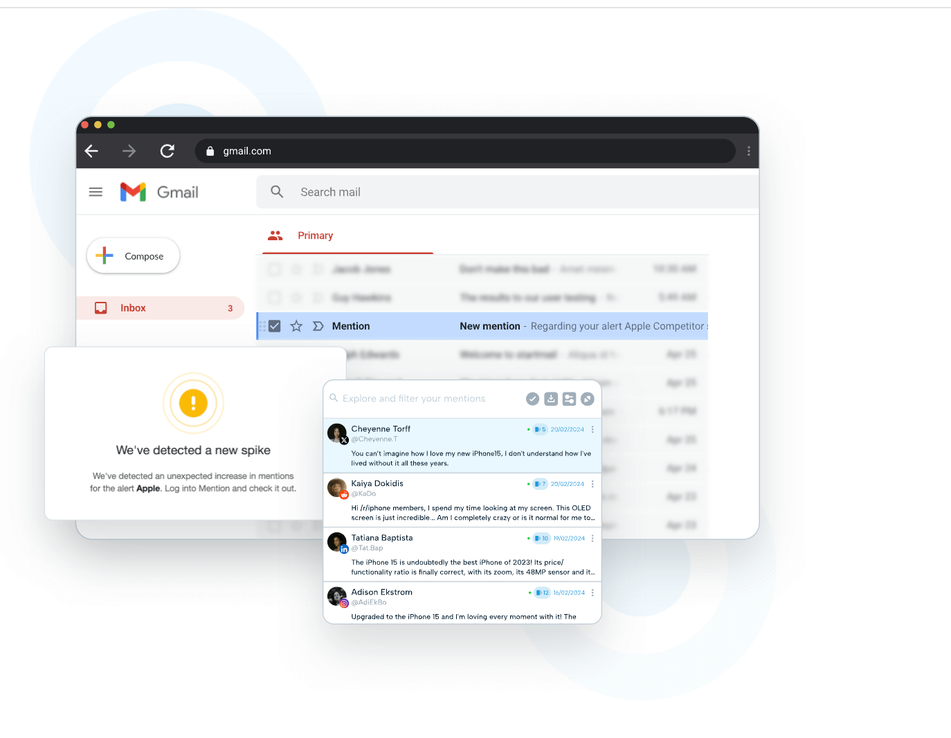 Email inbox and alert pop-ups showing a spike in brand mentions. Users comment positively about the iPhone 15; alert detects increased volume for the keyword ‘Apple