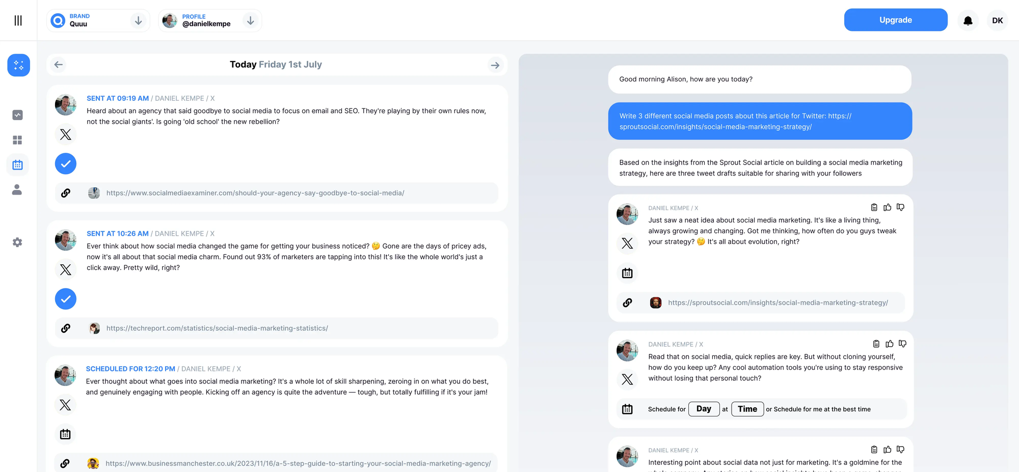 Quuu dashboard showing scheduled tweets, links, and AI-generated drafts on the right. Includes social posts about social media trends and tools, with scheduling options