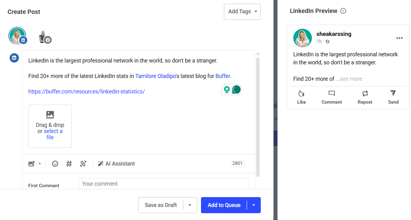 a screenshot of the linkedin post composer window in buffer