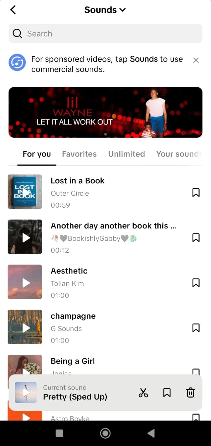 a view of saved trending sounds on TikTok
