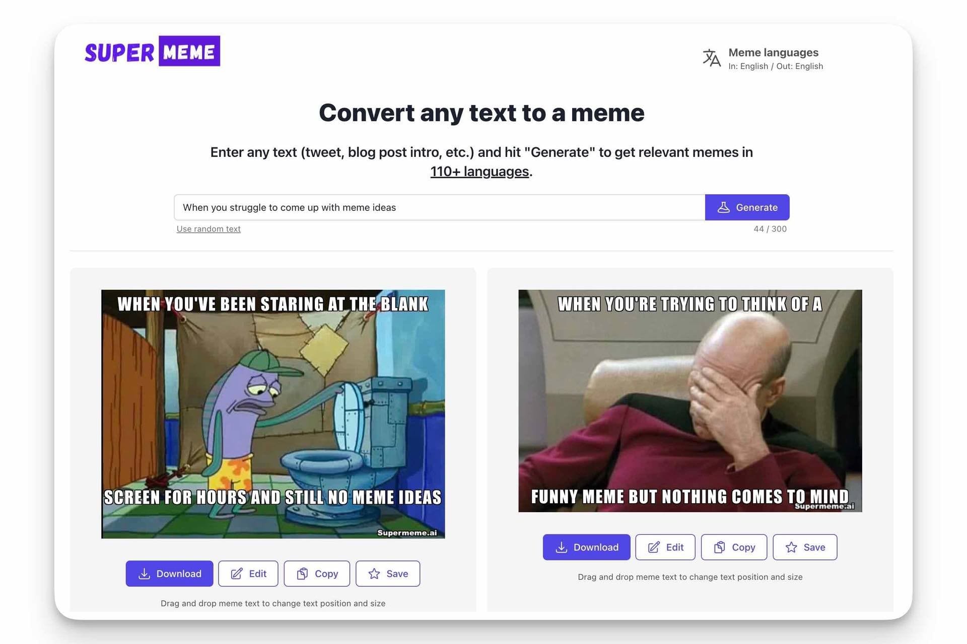 Supermeme.ai homepage with a text input field and two AI-generated memes: a Spongebob meme and a Picard facepalm meme, both about struggling to come up with meme ideas.