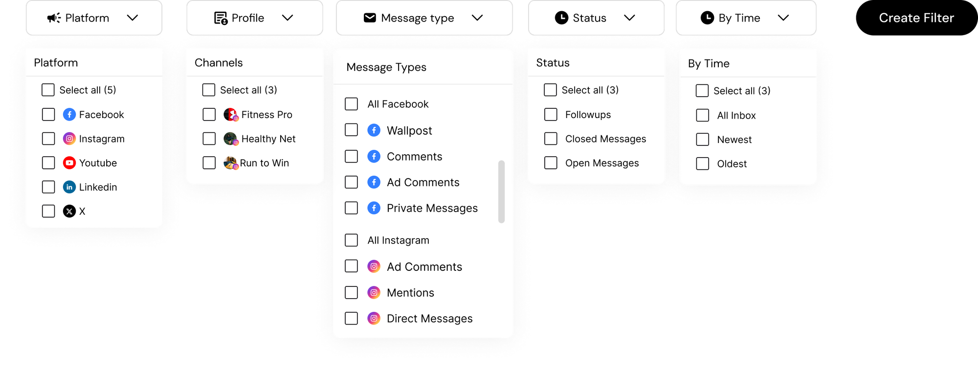 Dashboard filters on verlynk for managing social media messages by platform, profile, message type, status, and time. Platforms include Facebook, Instagram, YouTube, LinkedIn, and X