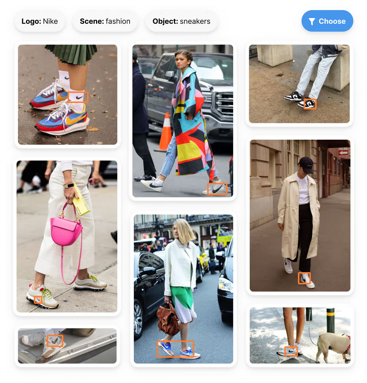 Fashion street-style images featuring people wearing Nike sneakers in various outfits and settings. Sneaker logos are automatically detected and tagged by AI