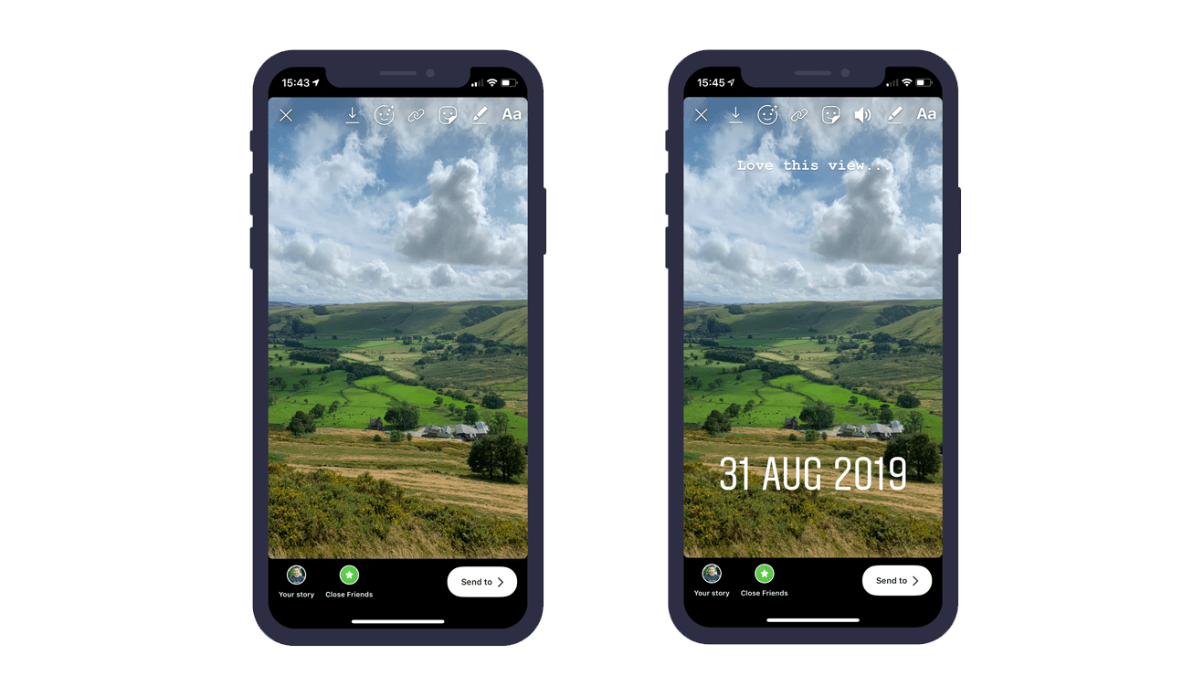 Two smartphone screens showing Instagram Stories editing screens.