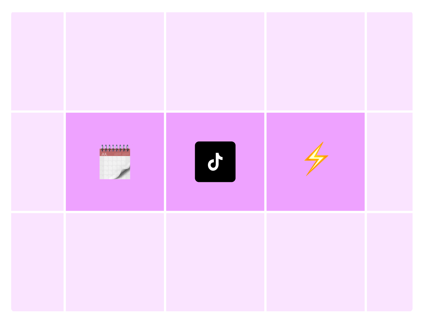 Graphic with a calendar emoji, TikTok logo, and lightning bolt emoji on a purple grid, representing scheduling and speed for TikTok content with Buffer