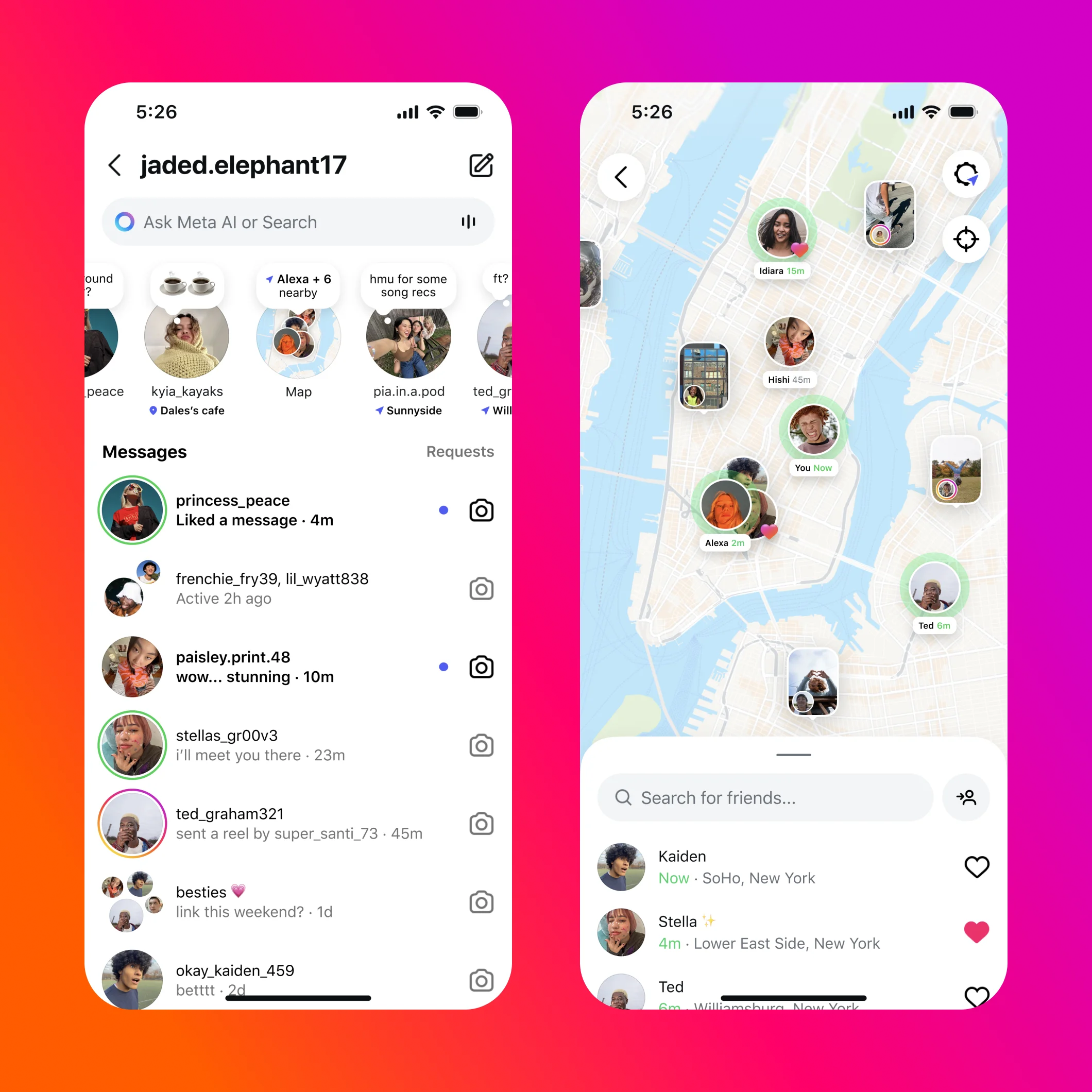 Left screen shows Instagram DMs with a “Map” tab in stories. Right screen displays the Friends Map, showing real-time friend locations around New York City.