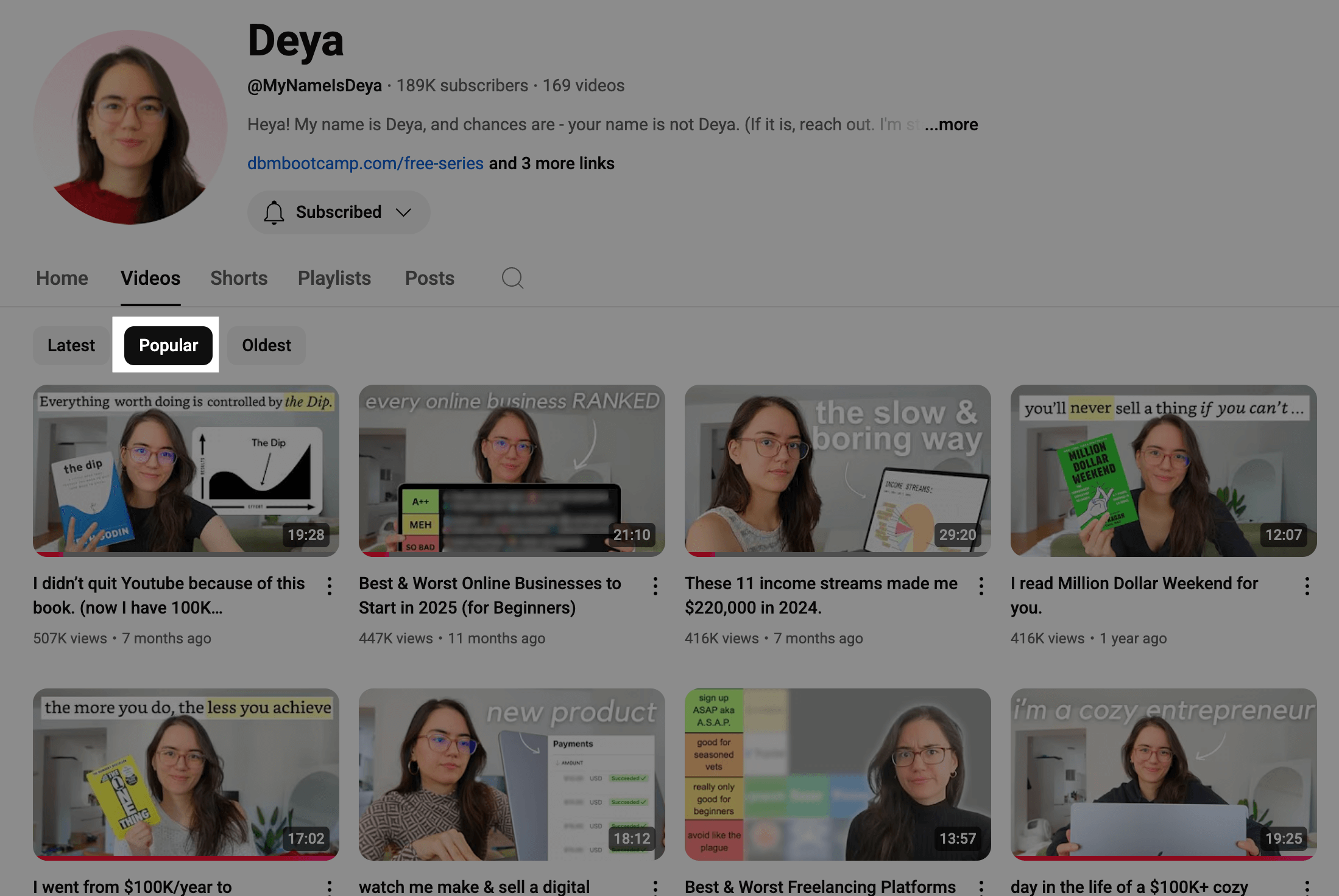 Here’s alt text under 190 characters for this image: Popular tab on YouTube creator channel YouTube channel showing Deya’s most popular videos, including topics like online business rankings, income streams, and book reviews with high view counts.