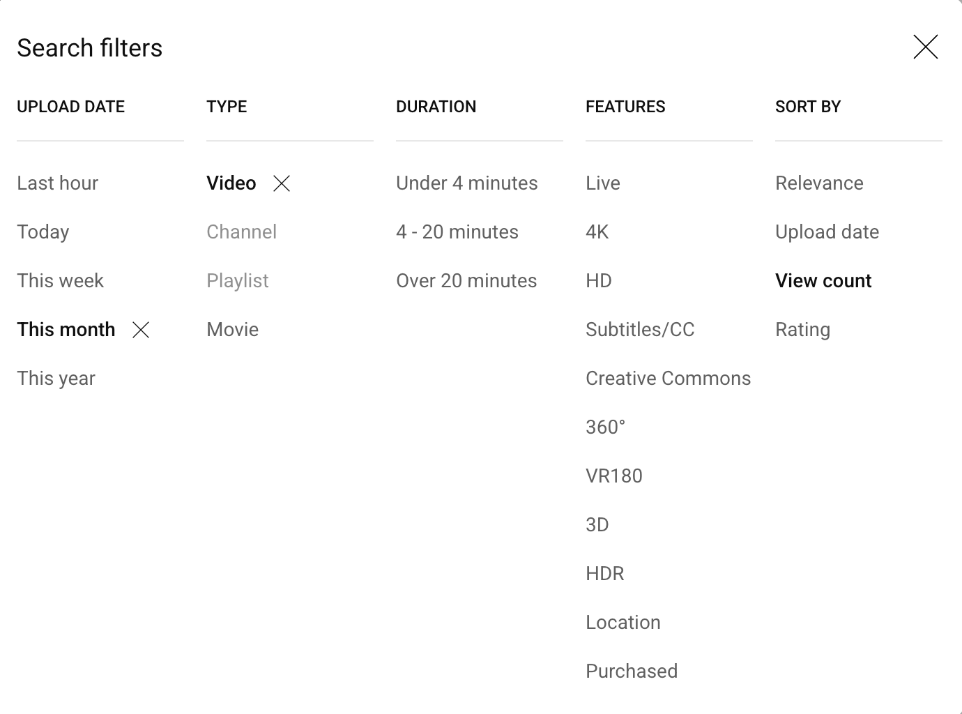 Here’s alt text under 190 characters for this image: YouTube search filters menu YouTube search filters panel showing options to filter by upload date, type, duration, features, and sort order — with “Video,” “This month,” and “View count” selected.