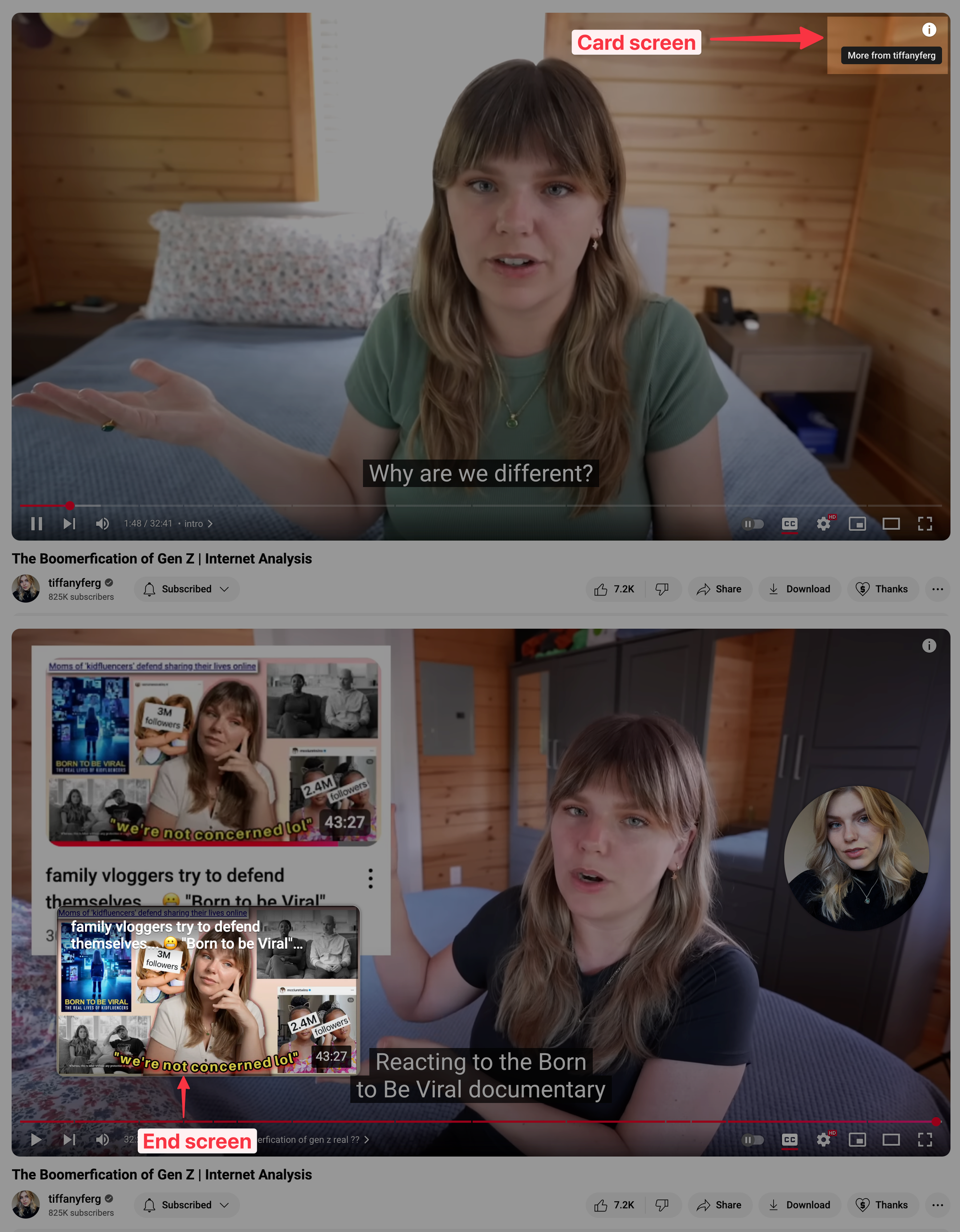 Alt text (under 190 characters): A YouTube video shows examples of a card screen in the top-right corner and an end screen with video suggestions and a channel icon at the end of the video.