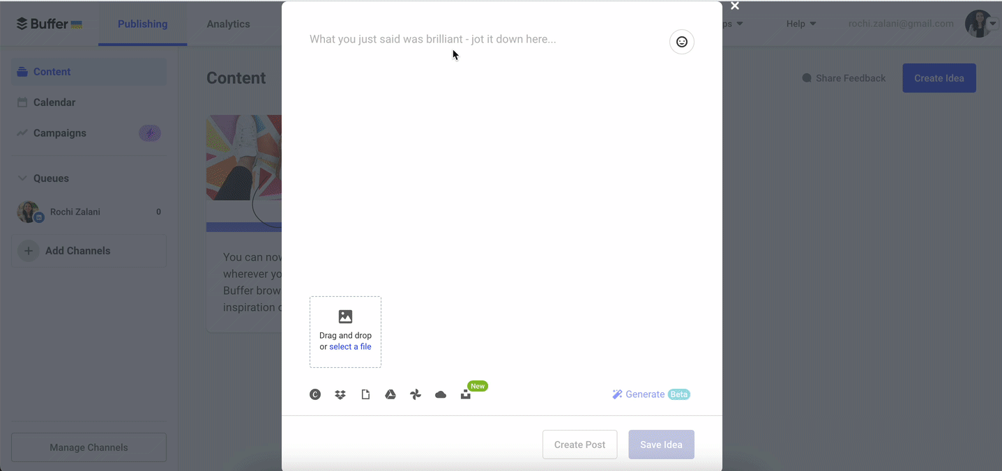 Animated GIF of Buffer’s content composer showing a user interface for drafting social posts with options to add media, files, and generate ideas.