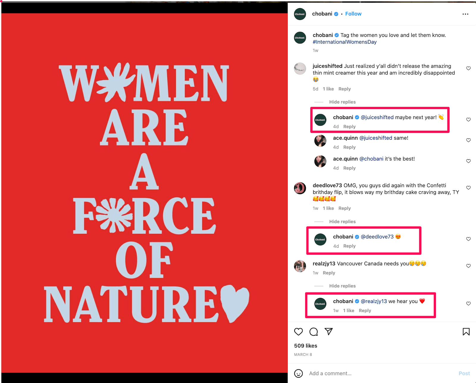 Instagram post by Chobani with bold text “Women are a force of nature” and brand replies to multiple user comments, showing active community engagement.