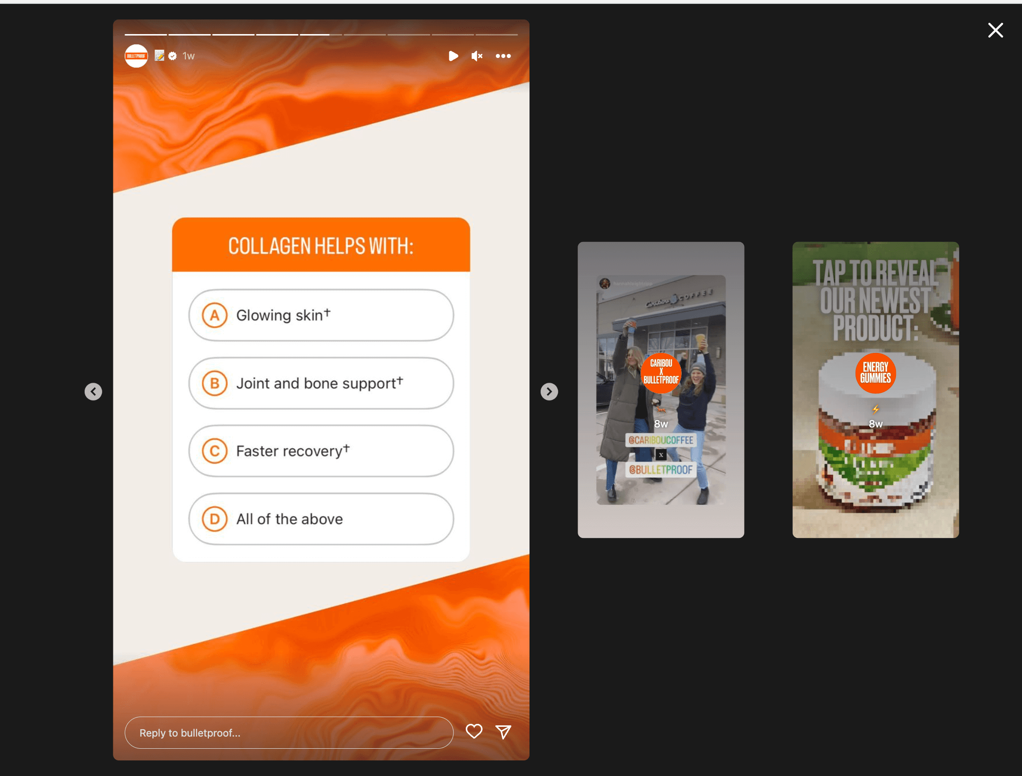 a screenshot of Bulletproofs weekly Q&A on Instagram storiesHere’s the alt text for this image: Alt text: Instagram Story poll from Bulletproof asking “Collagen helps with:” with options: A) Glowing skin, B) Joint and bone support, C) Faster recovery, D) All of the above. Orange background.