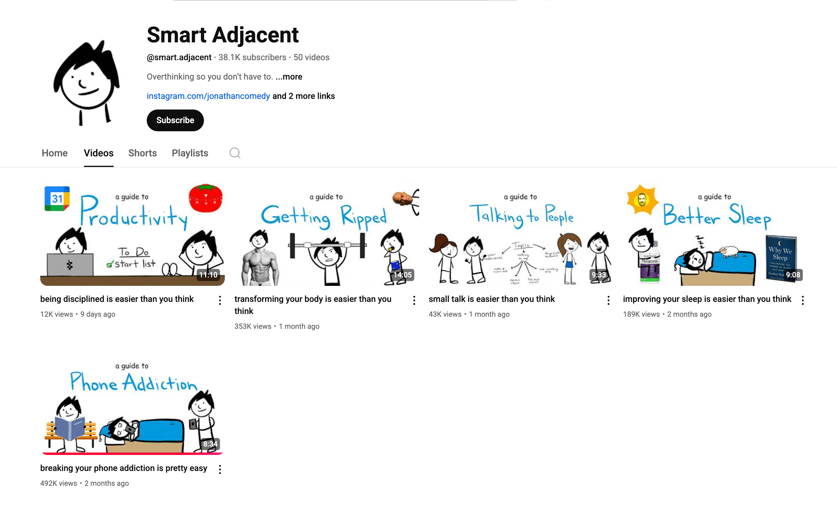 Here’s alt text under 190 characters for this image: YouTube channel “Smart Adjacent” with stick figure thumbnails and videos titled guides to productivity, getting ripped, small talk, better sleep, and breaking phone addiction.