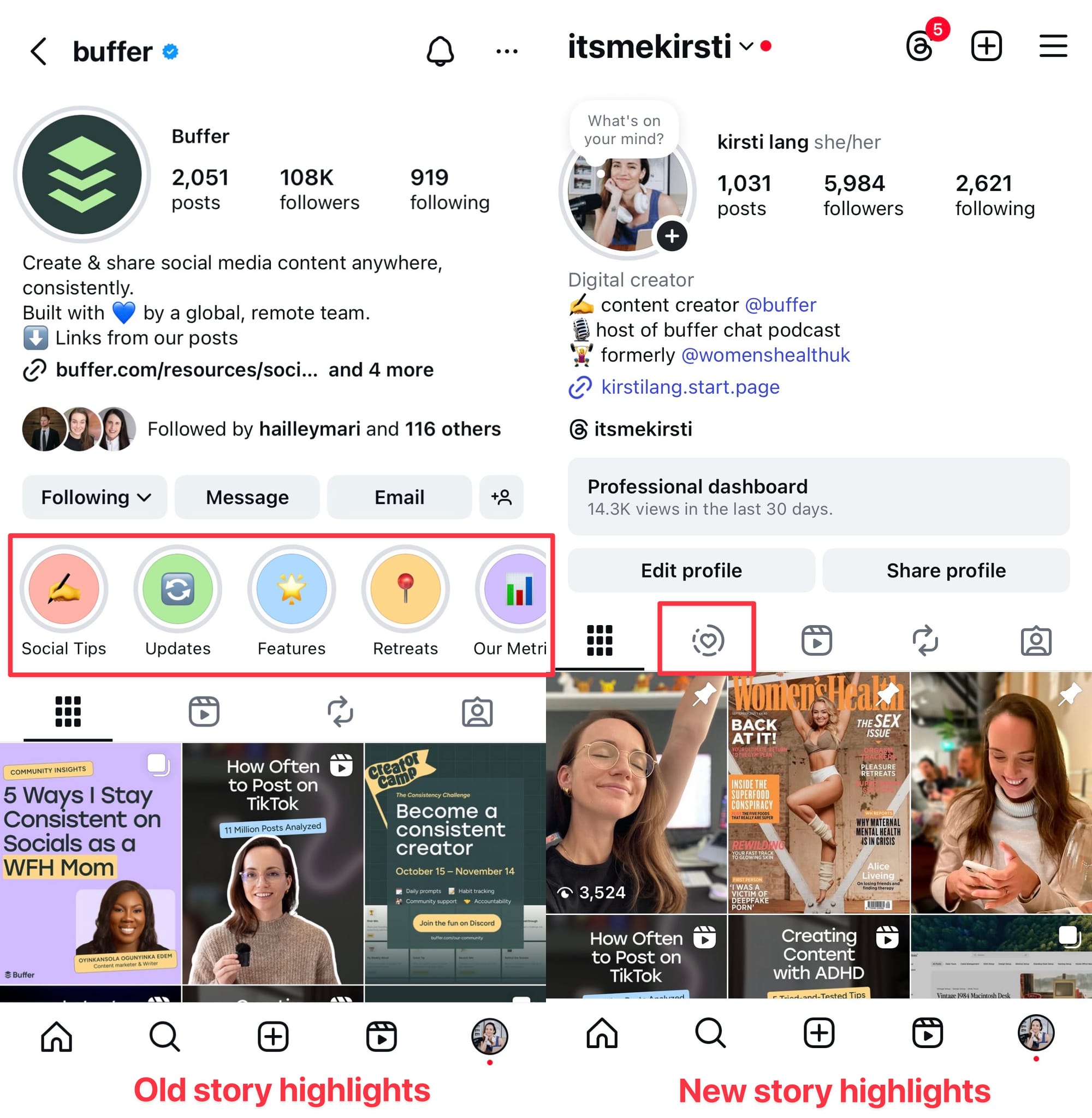 Side-by-side comparison of two Instagram profiles showing updated Story highlight designs. Old highlights use icons and labels; new highlights appear removed or redesigned.