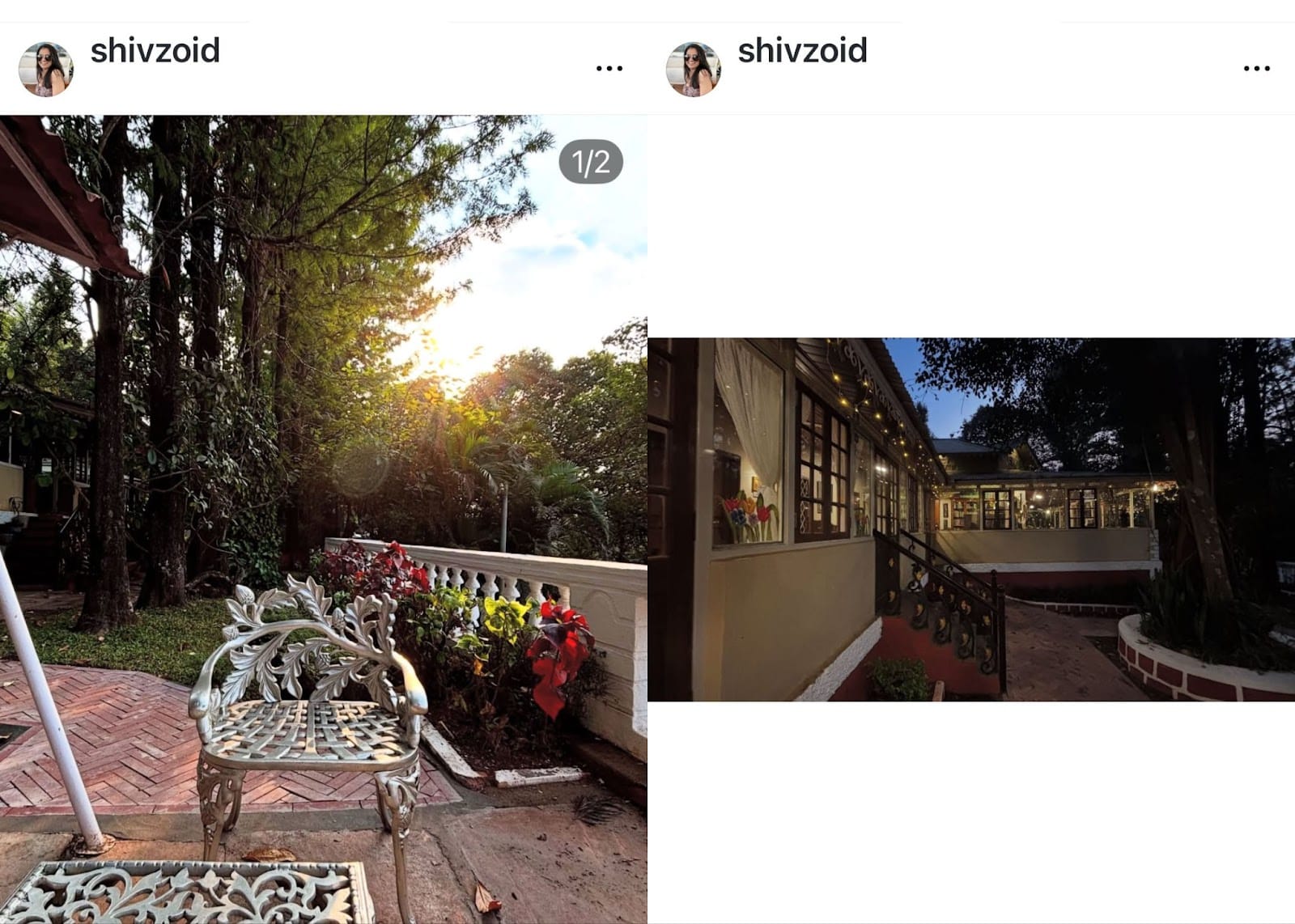 Instagram carousel post featuring two photos: one showing a decorative garden chair in morning sunlight, the other capturing a warmly lit building exterior at dusk with fairy lights.