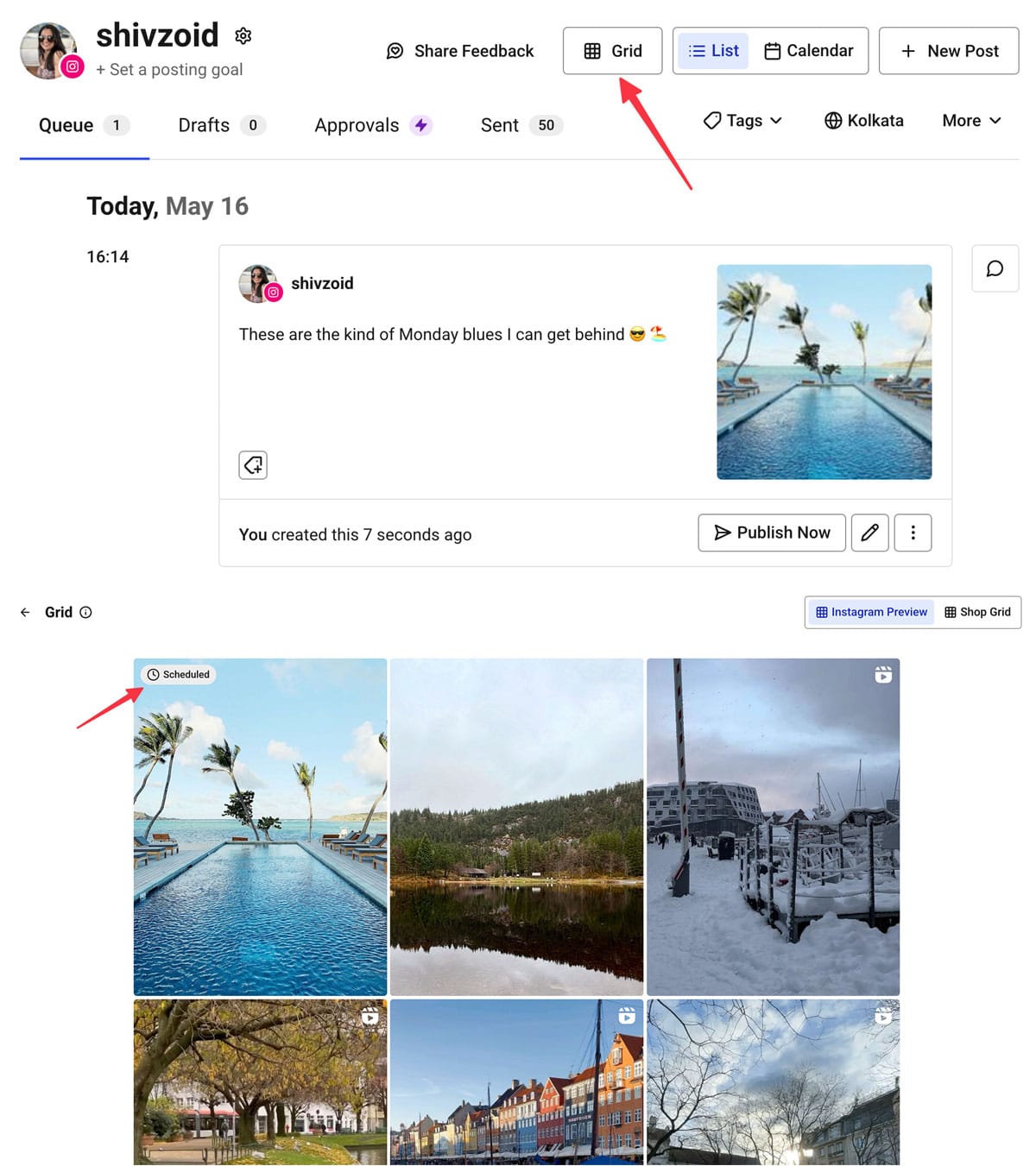 Buffer’s Instagram grid planner showing a scheduled poolside photo post with tropical palm trees, alongside previous posts displayed in a visual grid layout.