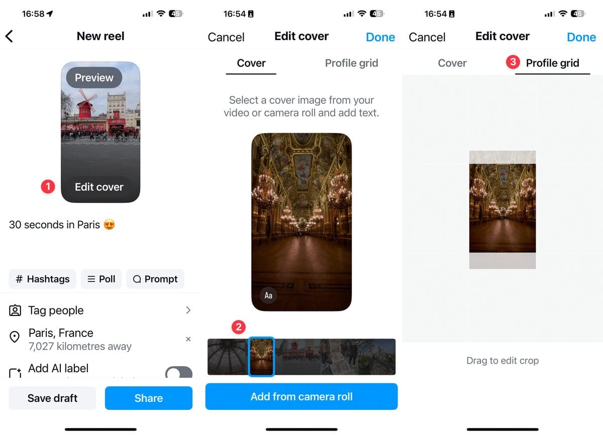Instagram Reel creation screen showing cover selection steps, including preview, camera roll image, and profile grid crop adjustment for a video titled “30 seconds in Paris.”