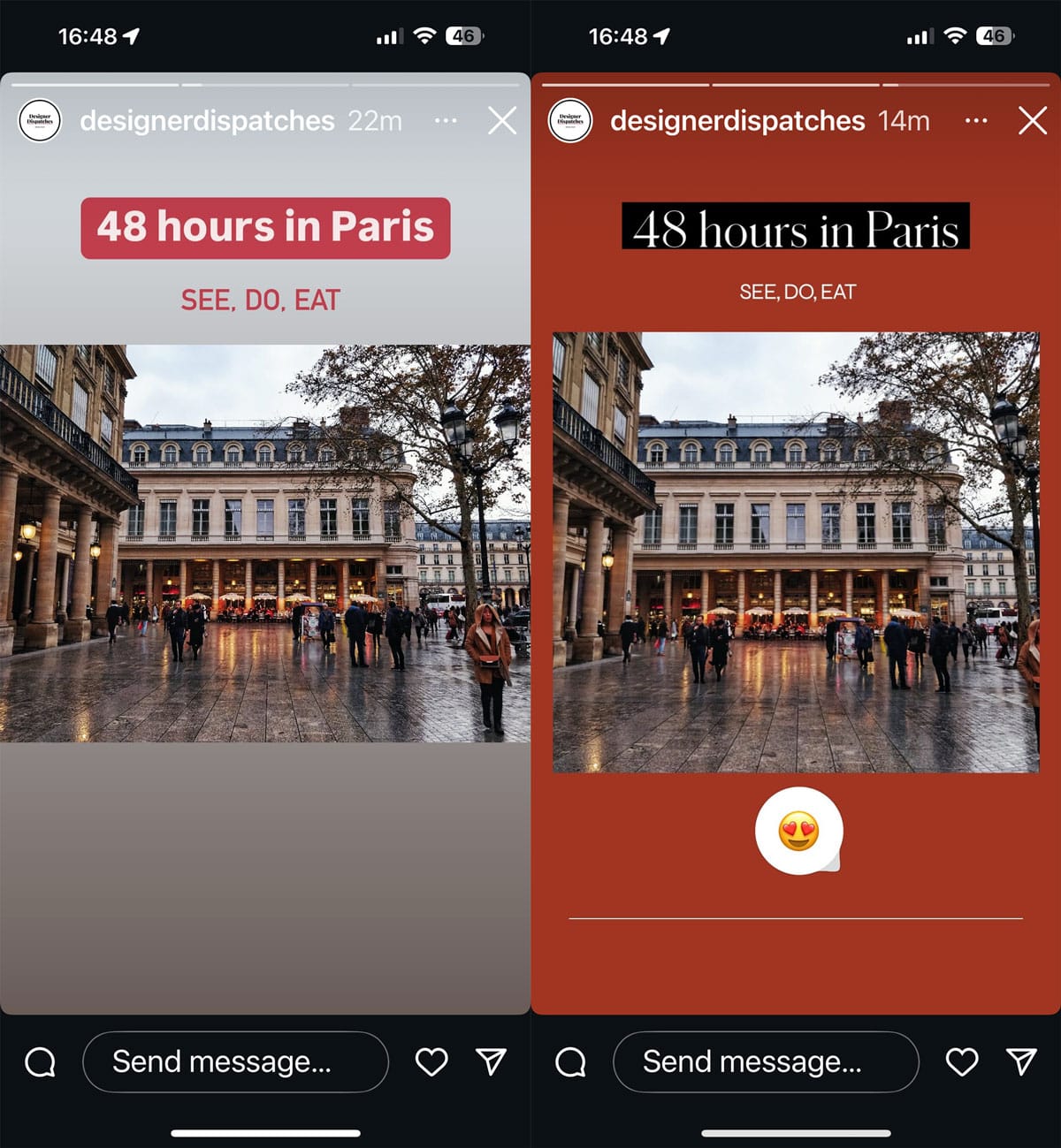 Two Instagram Stories promoting a “48 hours in Paris” travel guide, featuring the Palais-Royal courtyard with warm tones, text overlays, and a heart-eyes emoji reaction sticker.
