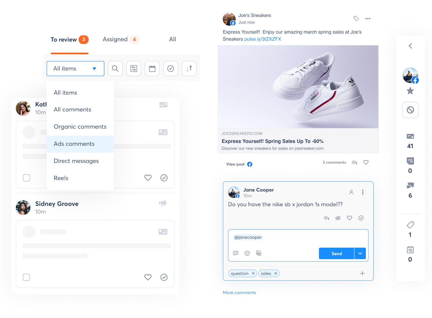An engagement inbox showing filters, comments, and replies across multiple social accounts, demonstrating how social media engagement tools organize conversations for quick moderation.