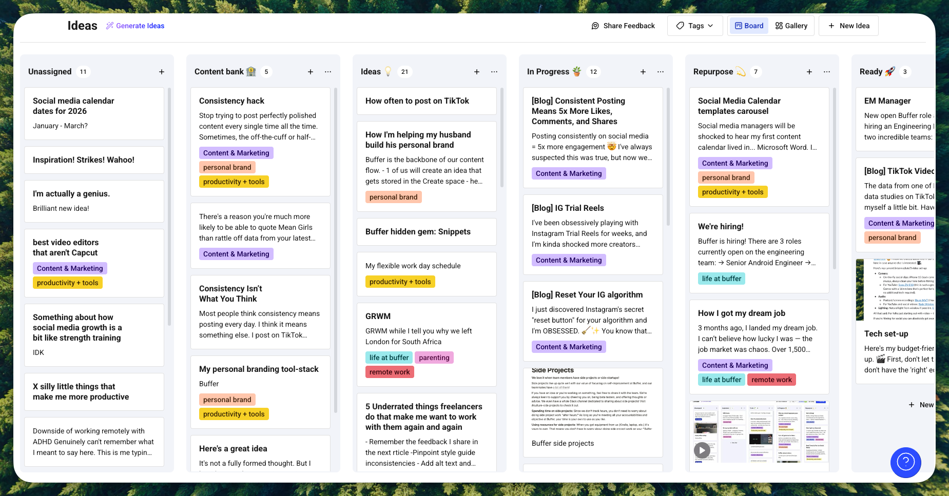 Project board with columns for ideas, content bank, in-progress tasks, repurposing, and ready posts, organized to help create space buffer in a content workflow.