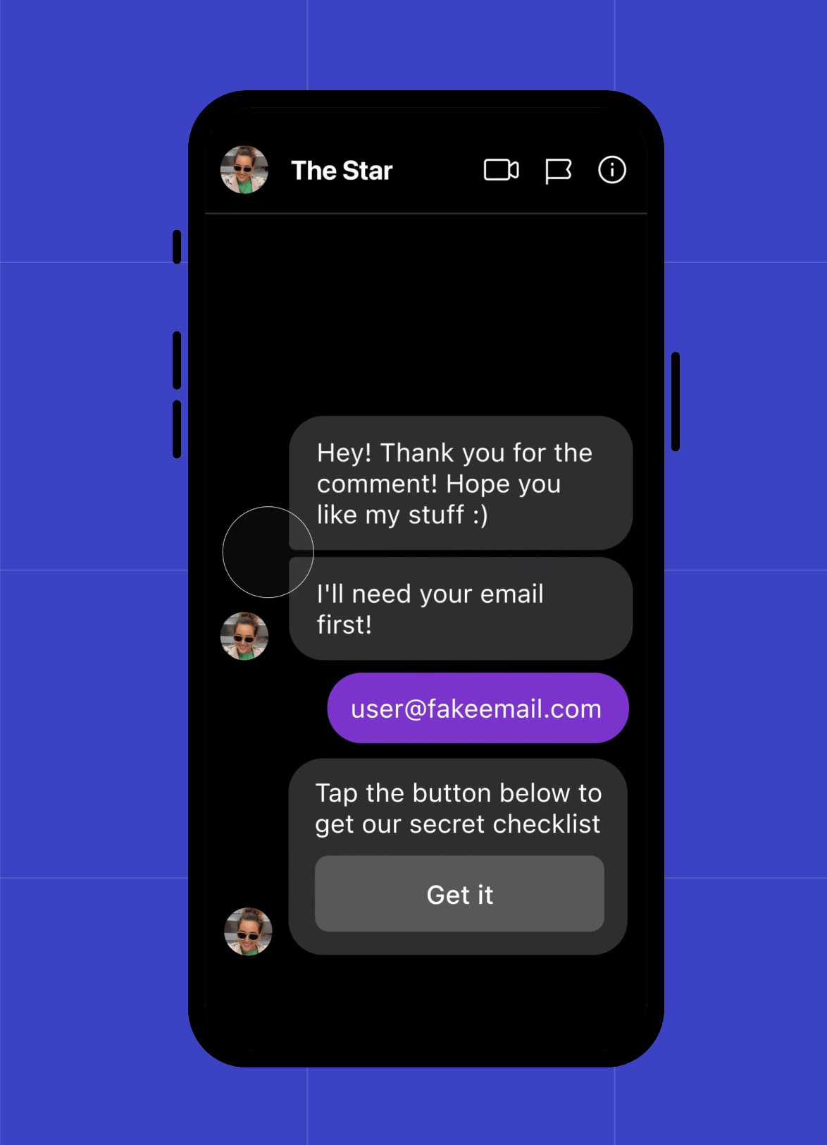 A mobile chat flow showing automated replies collecting an email and sending a checklist link, demonstrating how social media engagement tools streamline creator–audience interactions.