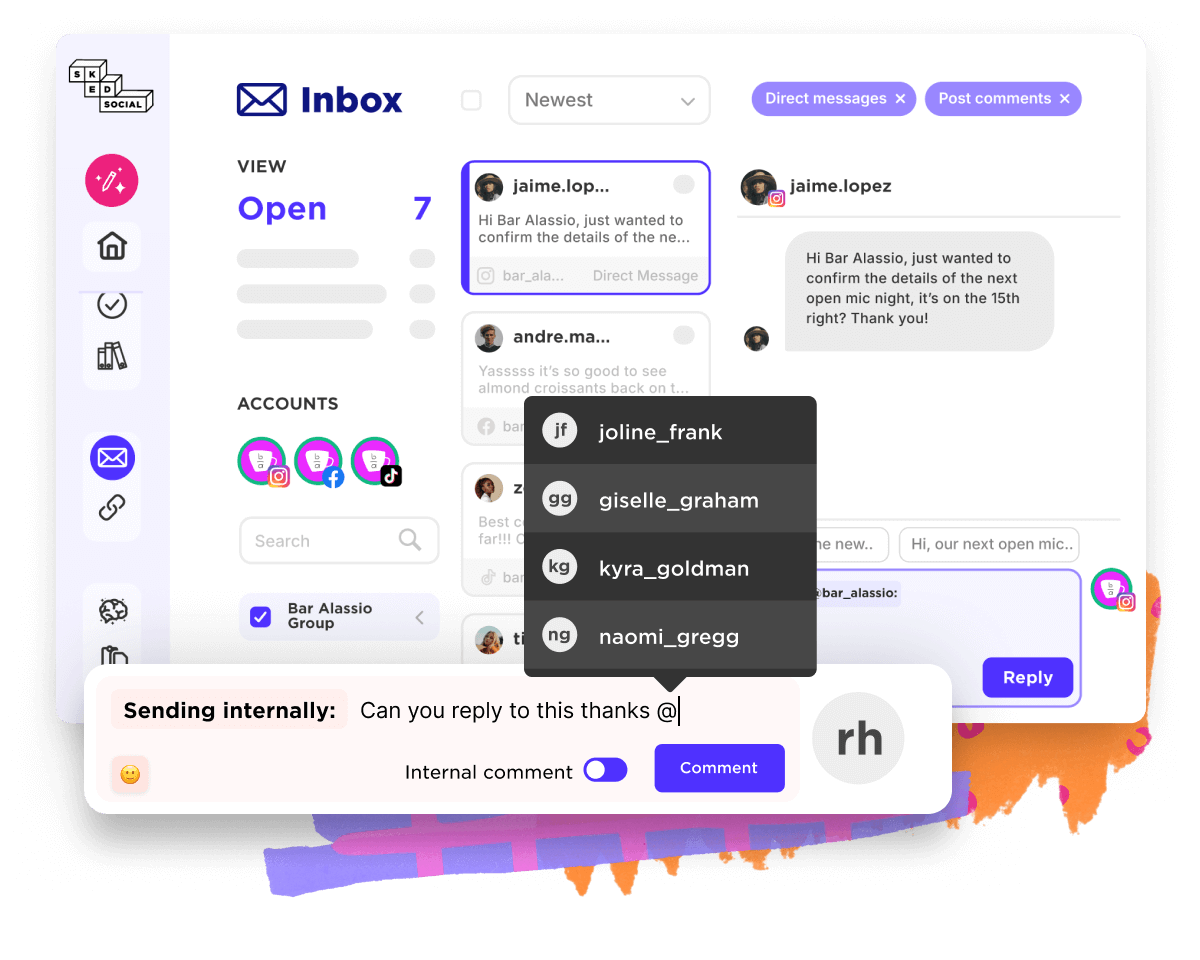 A unified inbox interface showing team assignments, internal comments, and replies across multiple accounts, highlighting how social media engagement tools support collaborative message management.