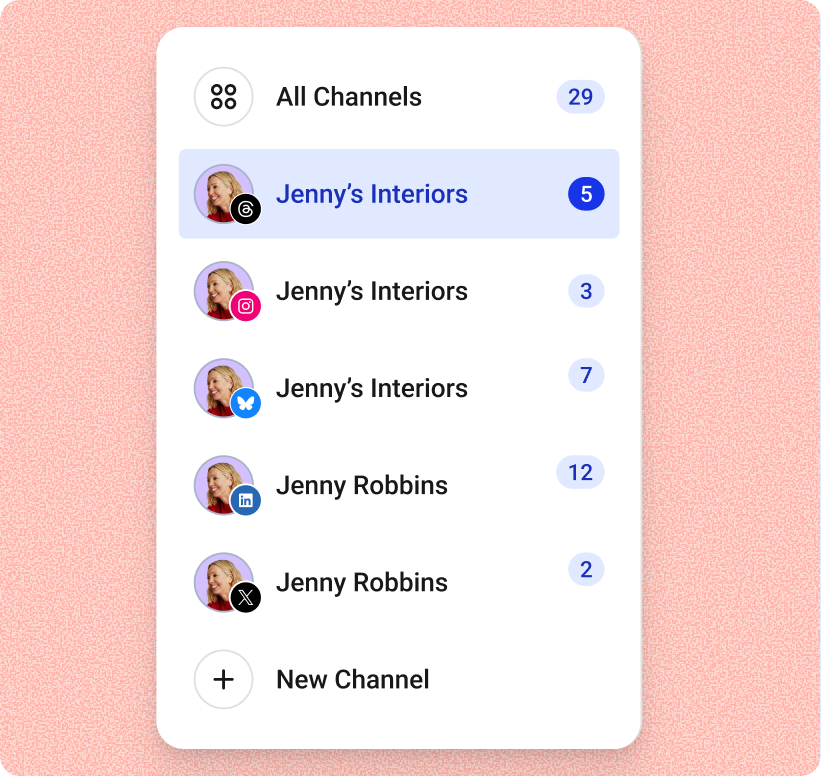 The Buffer Community Engagement interface showing multiple connected social channels like Threads, Instagram, LinkedIn, and X, making it easy to manage conversations in one place.