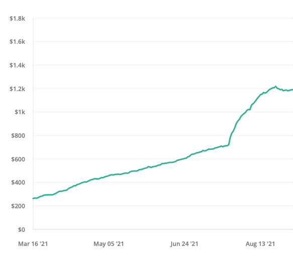 Line graph showing steady revenue growth from March to August 2021, with earnings rising from around $200 to over $1,200 — indicating a sharp increase in mid-July before plateauing slightly.