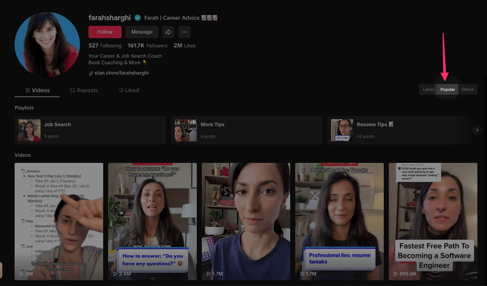 TikTok profile page showing a creator’s popular career and resume advice videos arranged in a grid, highlighting content designed to help posts go viral on TikTok.