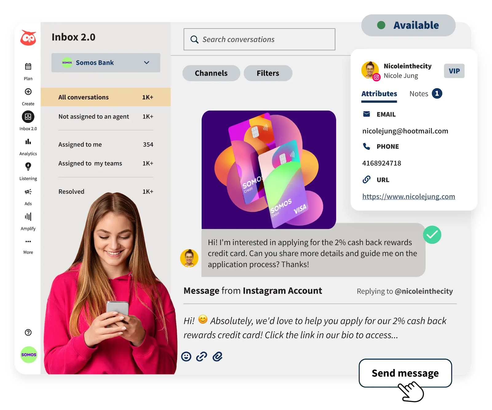 A unified inbox showing customer details, message history, and quick replies, demonstrating how social media engagement tools help teams manage conversations across platforms efficiently.