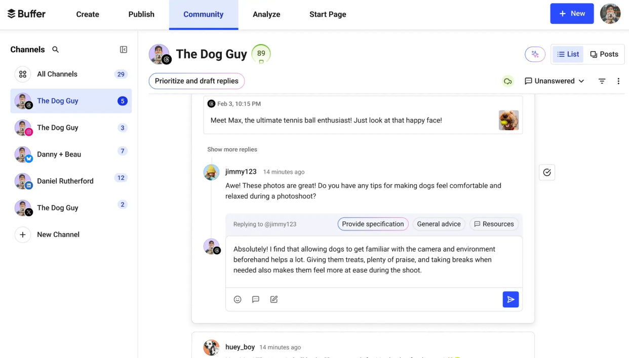 The Buffer Community dashboard where you can reply to Instagram comments and engage with your audience.