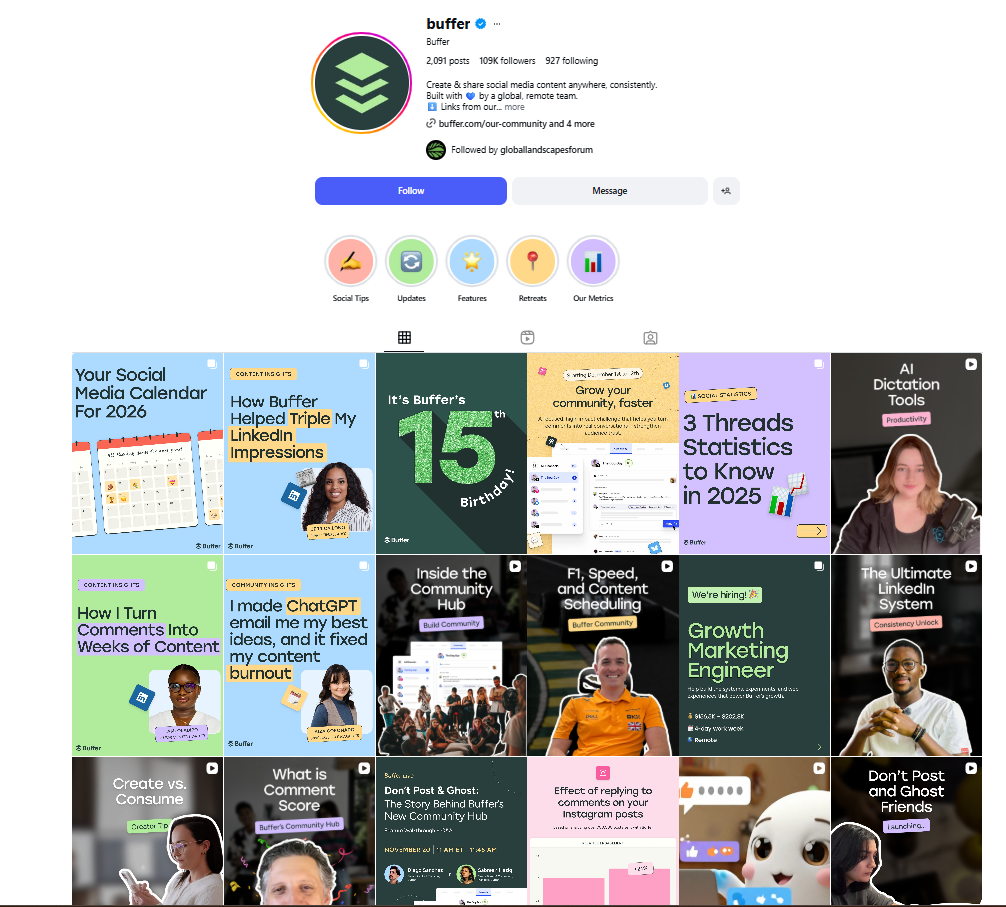Screenshot showing different types of content on the Buffer Instagram account
