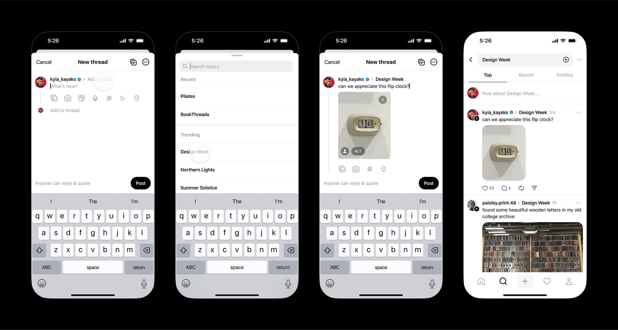 Four smartphone screens showing Threads app interface with new thread composer, topic search, posting flow, and Design Week feed preview highlighting Threads new features.