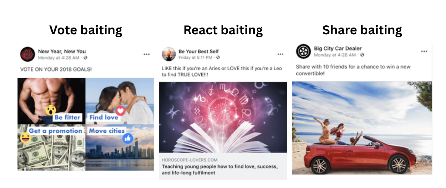 A graphic showing examples on different types of bait posts, something the Facebook algorithm deprioritizes