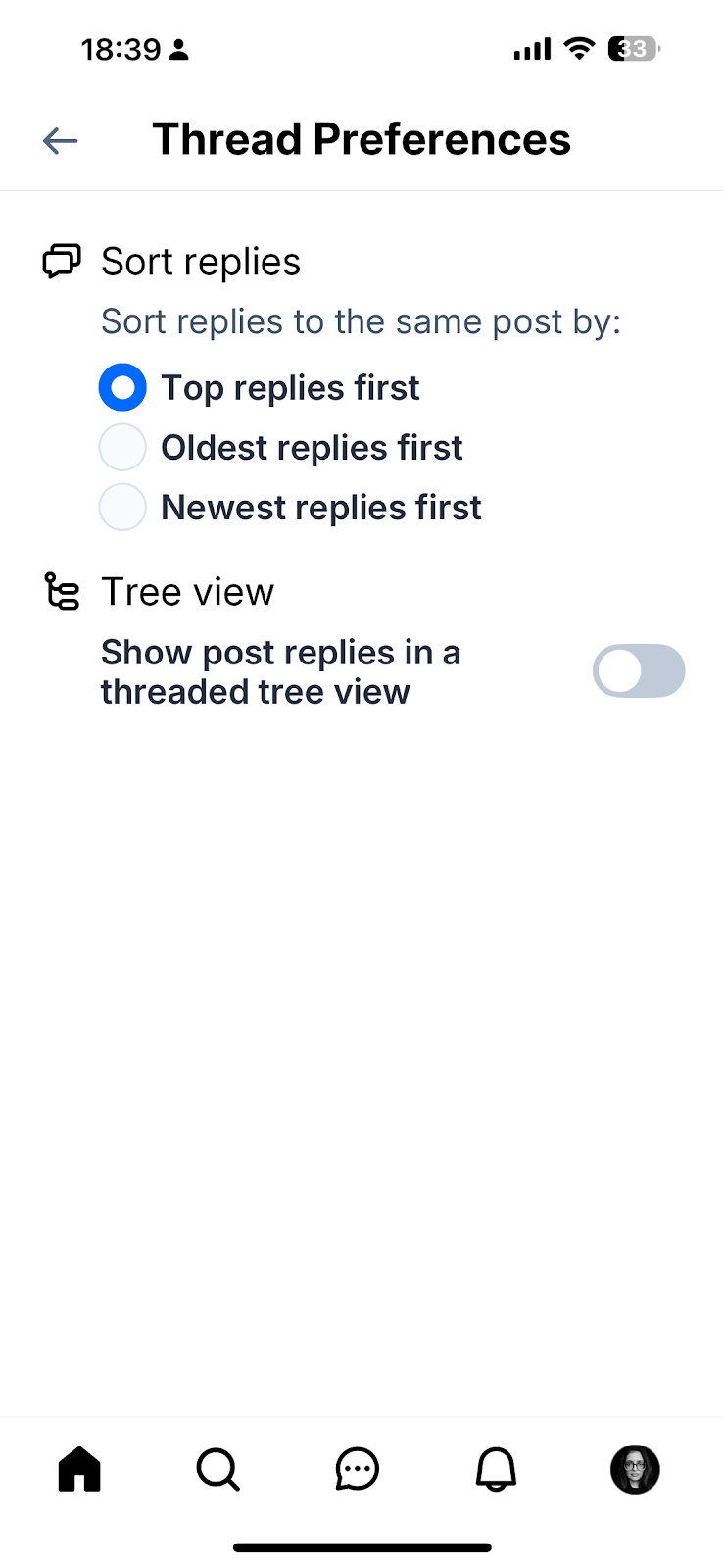 Screenshot showing how to sort replies to threads when you set up your Bluesky account