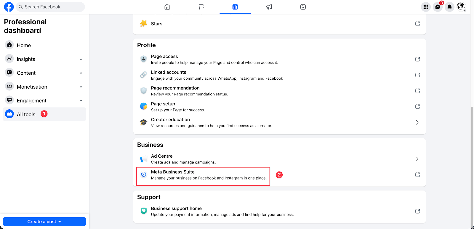 Screenshot showing how to navigate to Meta Business Suite in Facebook