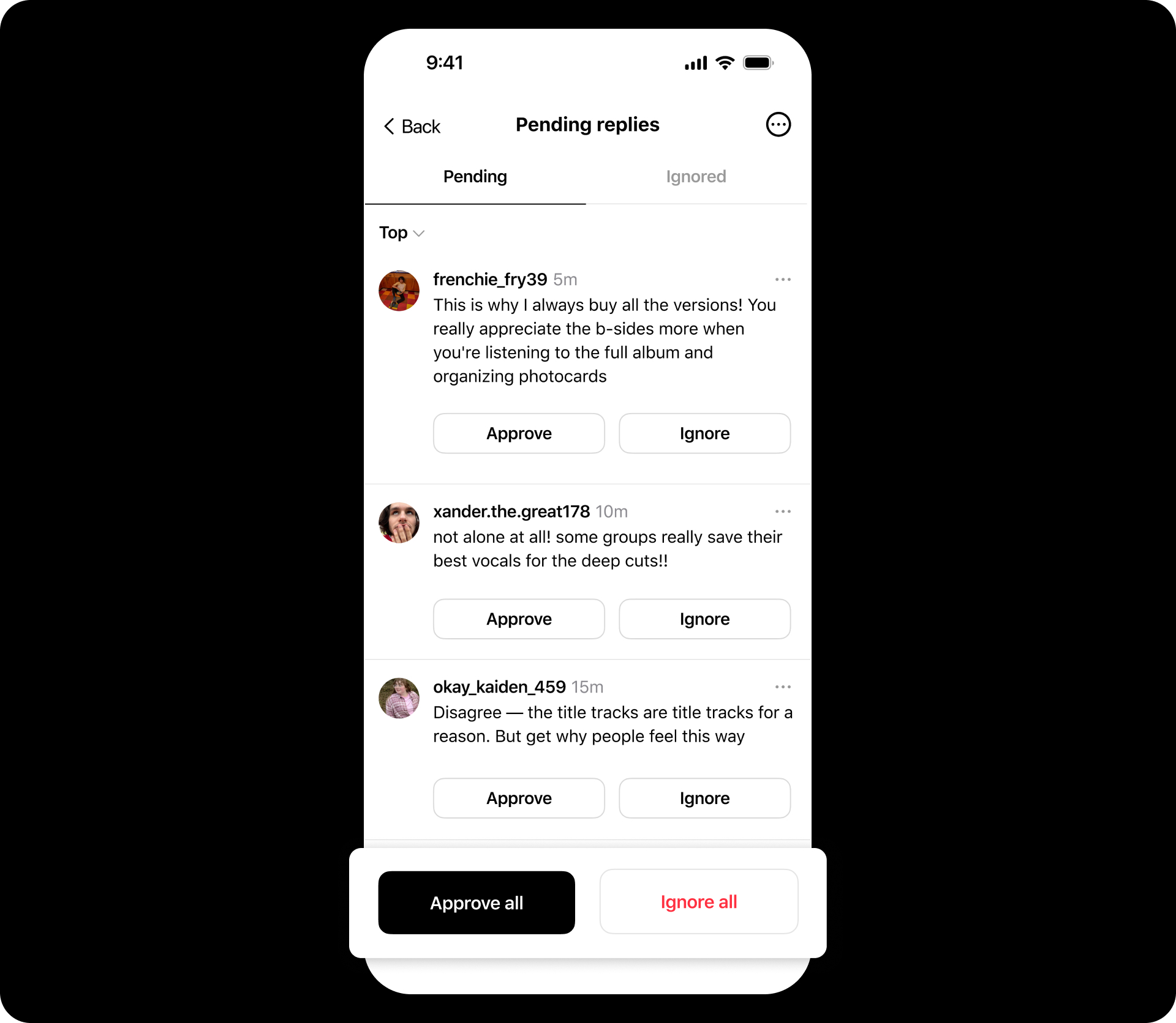 Threads pending replies screen with approve or ignore options and reply filters, highlighting Threads new features for managing and moderating conversations.