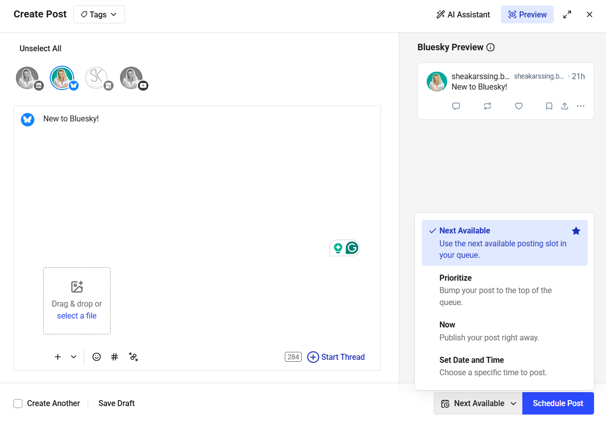 Buffer scheduling options menu showing Next Available, Prioritize, Now, and Set Date and Time to schedule Bluesky posts from the Create Post screen.