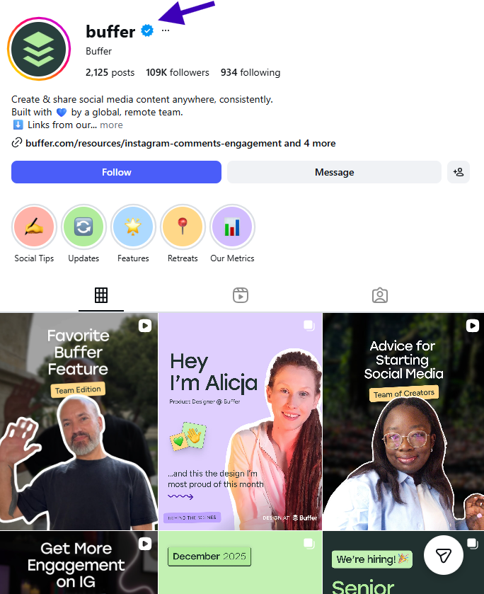 Buffer Instagram profile page showing verified blue checkmark, illustrating how it looks when brands get verified on Instagram.