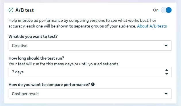 Meta Ads Manager A/B test settings panel showing creative testing, duration, and cost per result options for how to advertise on Facebook effectively.