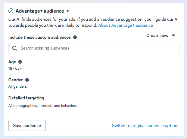 Meta Ads Manager Advantage+ audience settings showing age, gender, and detailed targeting options for how to advertise on Facebook with AI-driven audience selection.