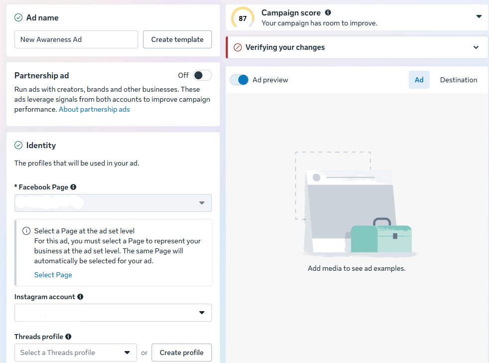 Meta Ads Manager ad creation screen showing ad name, identity settings, Facebook Page selection, and preview panel for how to advertise on Facebook effectively.