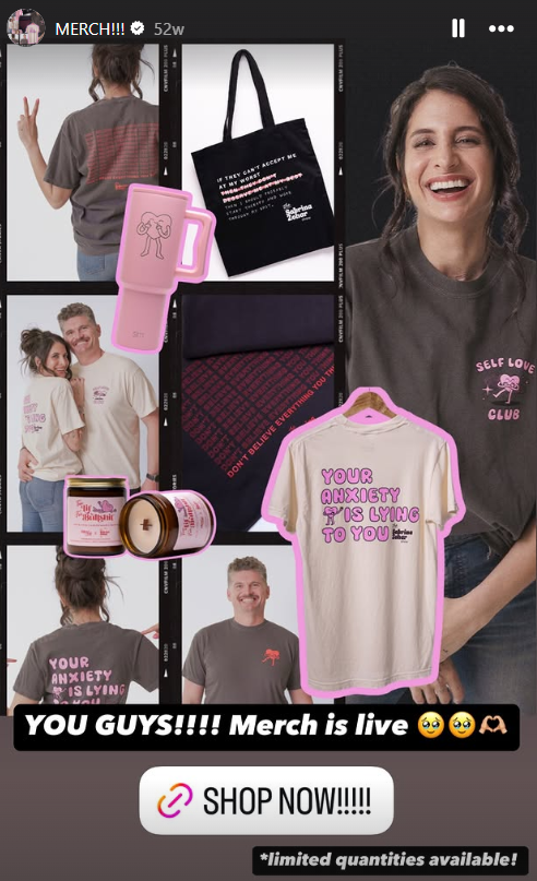 Instagram merch announcement featuring branded T-shirts, tote bags, and products, highlighting how to make money on Instagram by designing and selling custom merchandise.