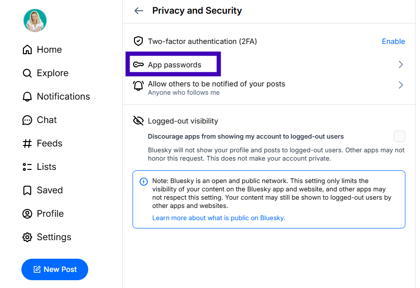 Bluesky Privacy and Security settings page highlighting App passwords option for generating an app password to connect Bluesky to Buffer.