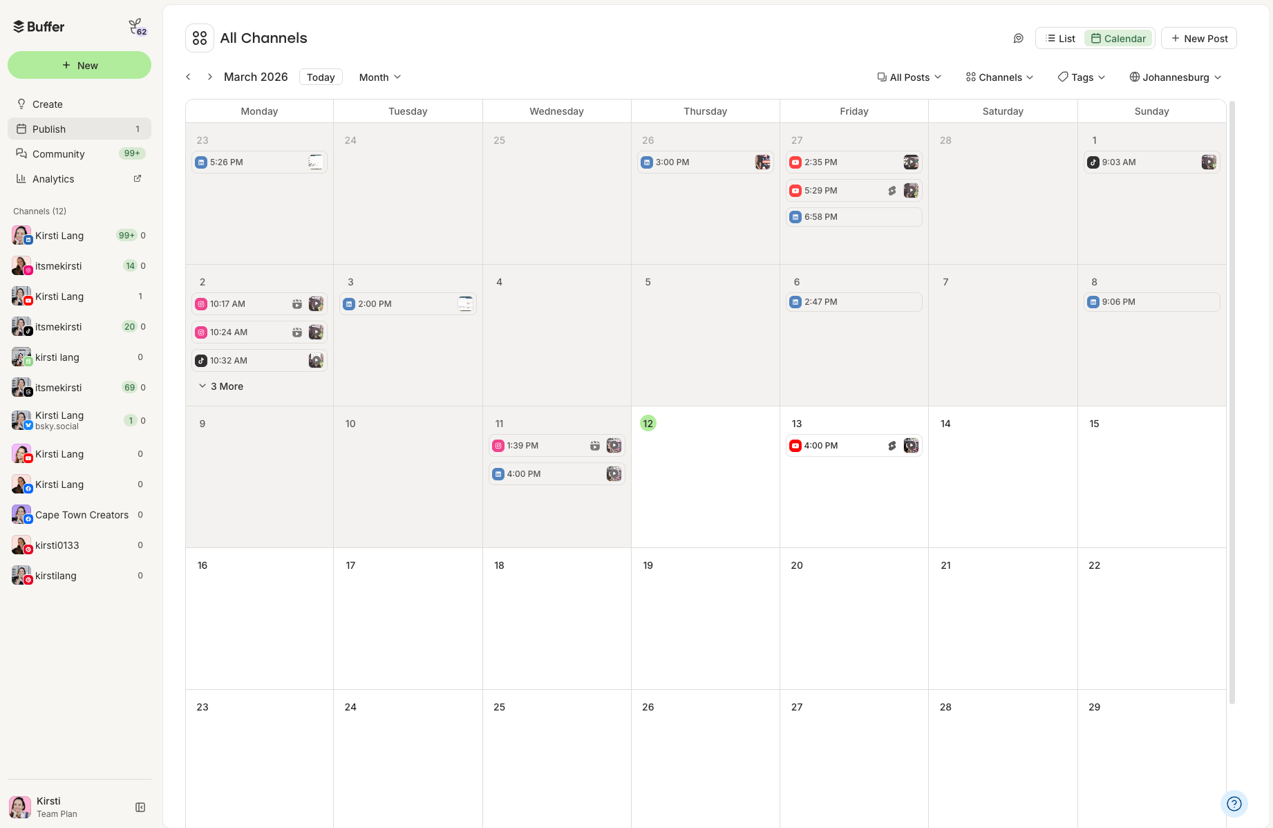 Social media scheduling calendar dashboard in Buffer showing planned posts across platforms, illustrating instagram free tools for organizing and automating content publishing.