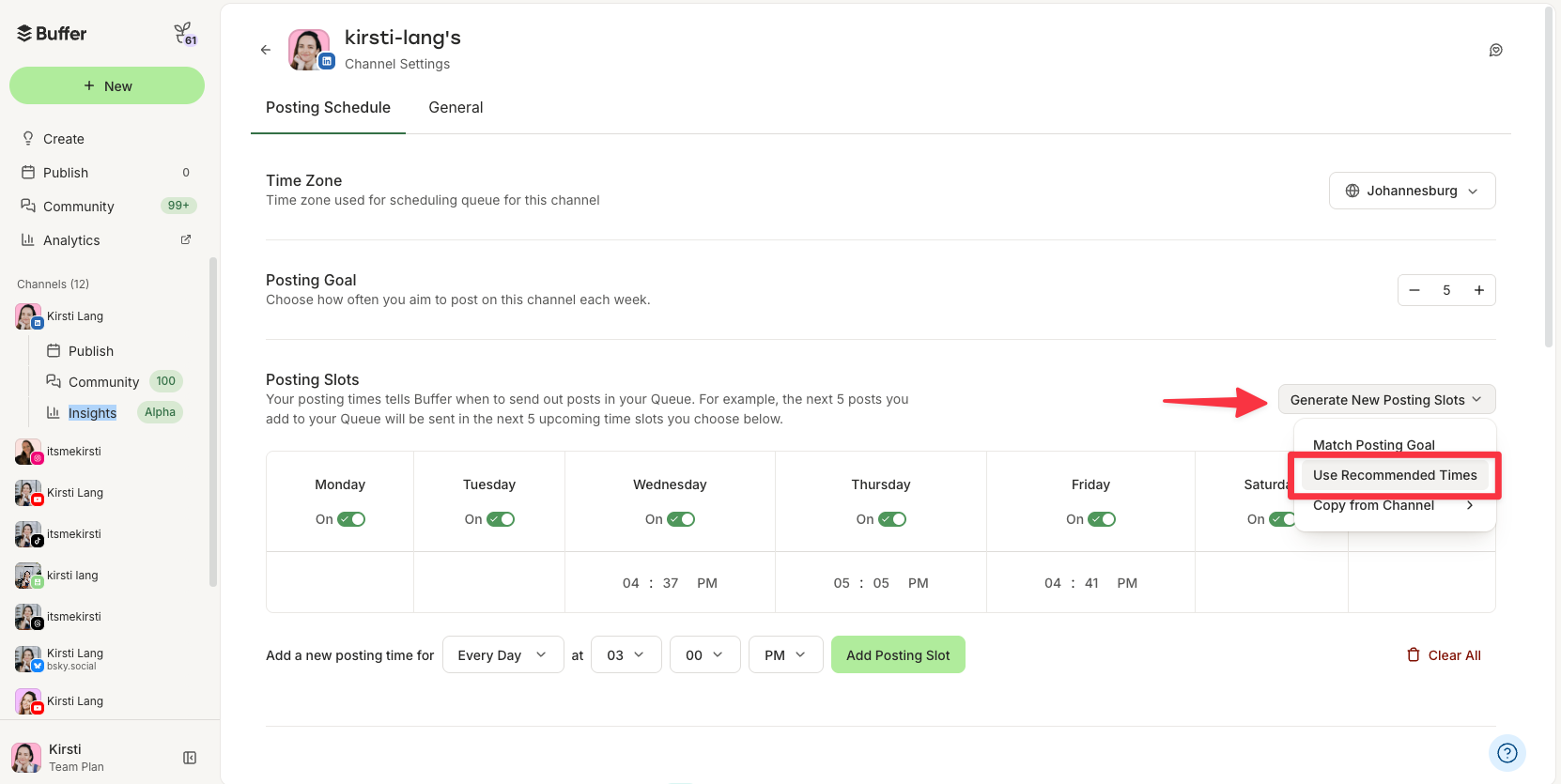 Buffer channel settings page showing posting schedule and recommended posting slots feature used to determine the best time to post on LinkedIn.