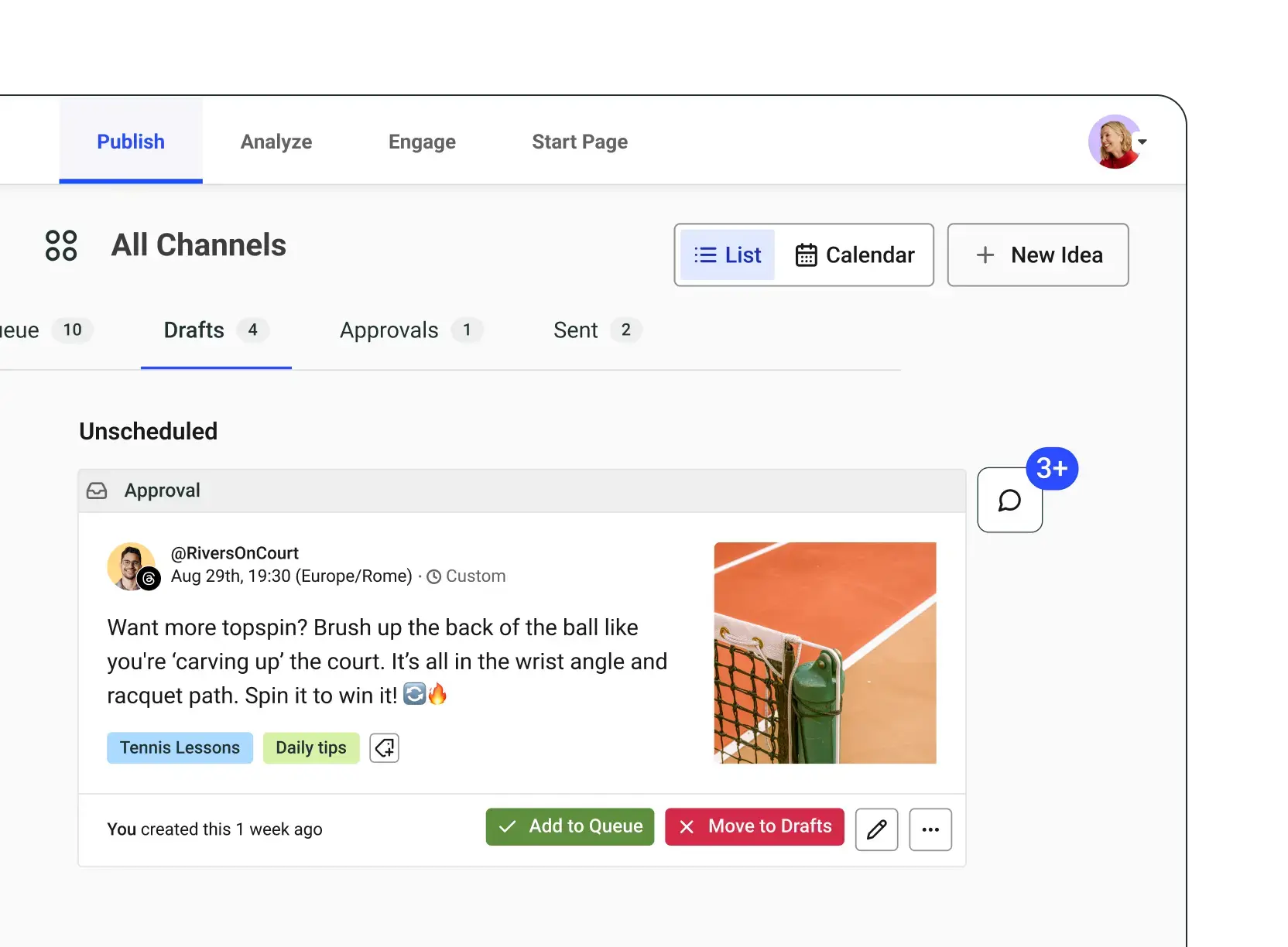 Buffer interface showing content calendar, drafts, approvals, and scheduling options in social media collaboration tools with post preview and workflow controls