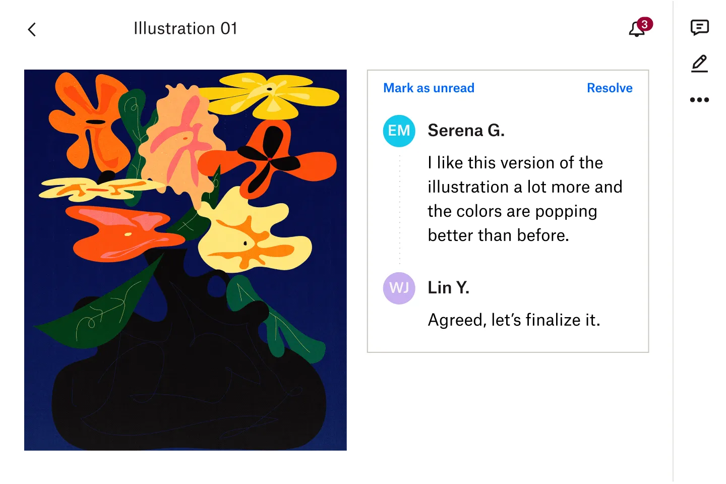 Dropbox interface displaying illustration preview with team comments, feedback, and approval workflow supporting social media collaboration tools