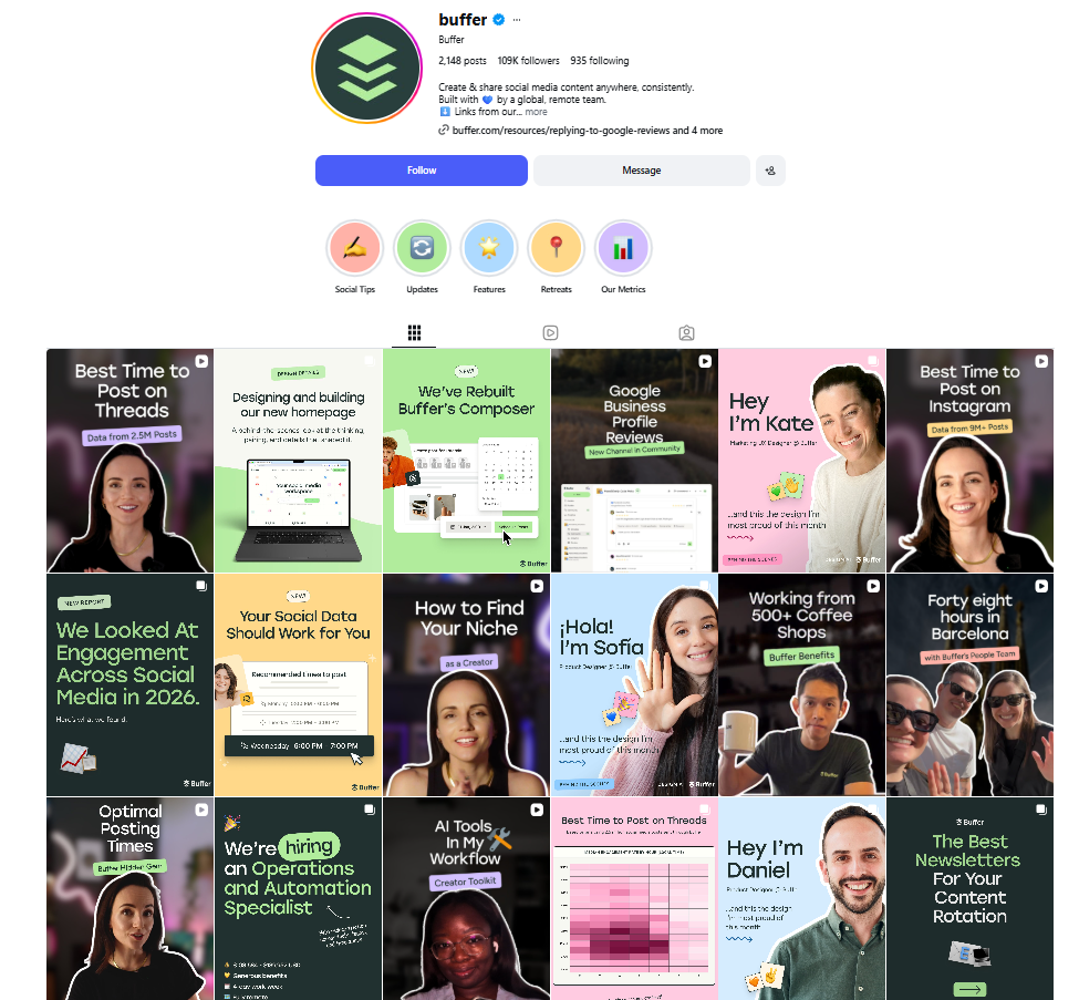 Instagram profile grid showing diverse content formats like reels, carousels, and graphics, illustrating Instagram algorithm strategy for varied post types and engagement